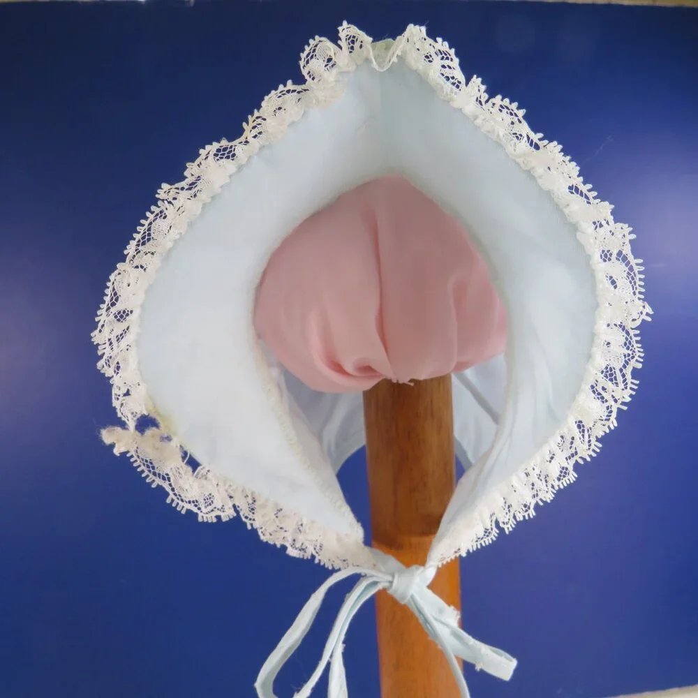 Baby Light Blue & White Bonnet Ruffled semi stiff brim closed back 11